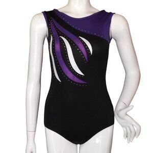 Black/Purple Leotard, 16A/Adult XS/S, Rhinestones,Accents, Wide neck, Scoop back